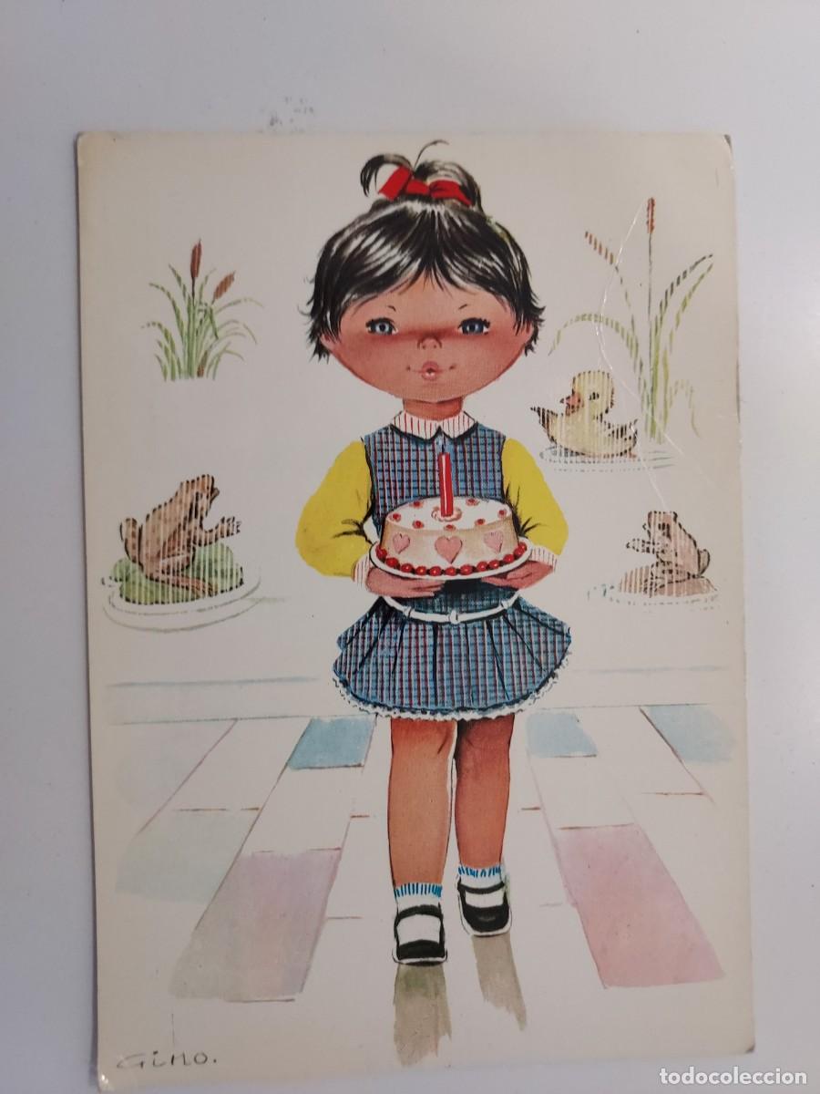 Postales: POSTAL ILUSTRADOR GINO. CHICA NI&Ntilde;A TARTA CUMPLEA&Ntilde;OS 1 A&Ntilde;O. 1970. SAVIR. S/C
