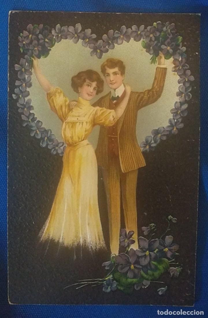Postales: Postal Ilustrada Antigua Alemana Pareja Coraz&oacute;n
