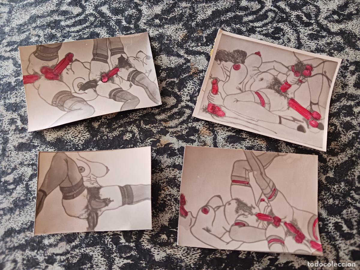Postais: 4 fotografias de dibujos sexuales antiguas, tres 7 x 5 cm. aprox. una de 5,5 x 4 cm.