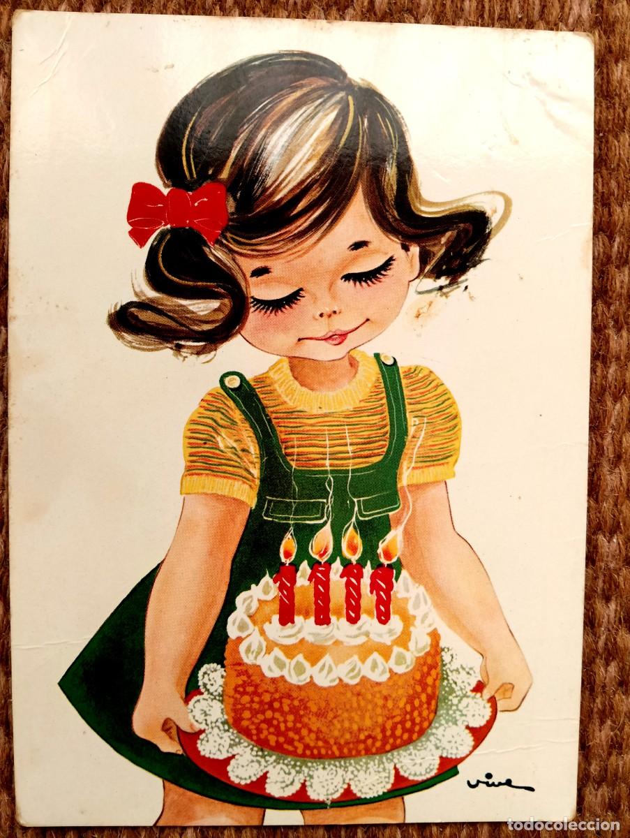 Postales: NI&Ntilde;A CON TARTA DE CUMPLEA&Ntilde;OS - ILUSTRACION VIVES - ED. RECUADRO BLANCO