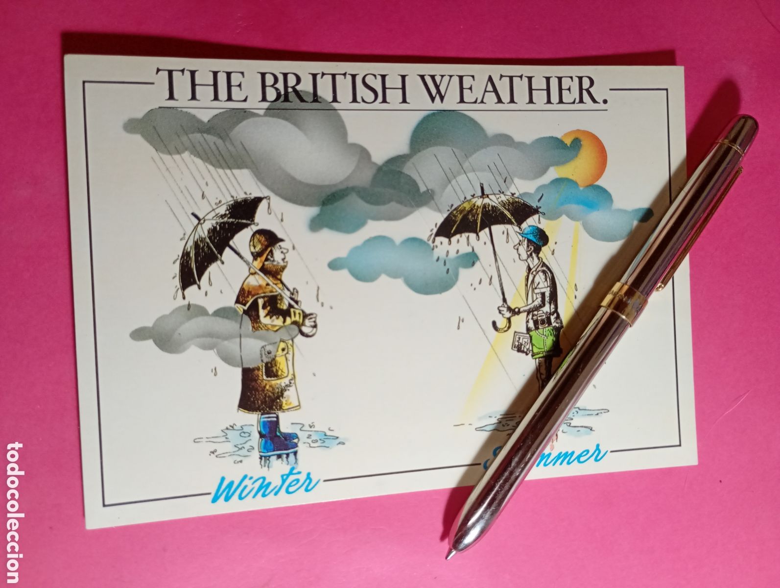 Postales: SIMPATICA ILUSTRACI&Oacute;N COLOR ESCRITA ''THE ENGLISH WEATHER'' WINTR SUMMER VERANO INVIERNO
