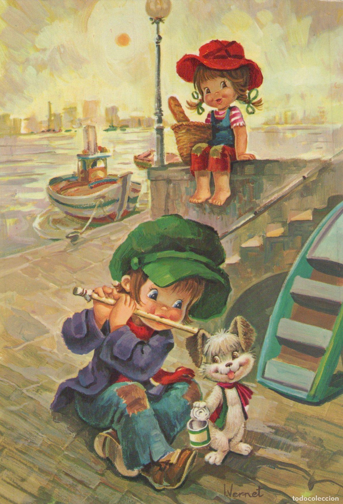 Postales: Espa&ntilde;a Ilustraci&oacute;n Ni&ntilde;os en Puerto Tocando Flauta Con Perro Con Ni&ntilde;a *YAA980