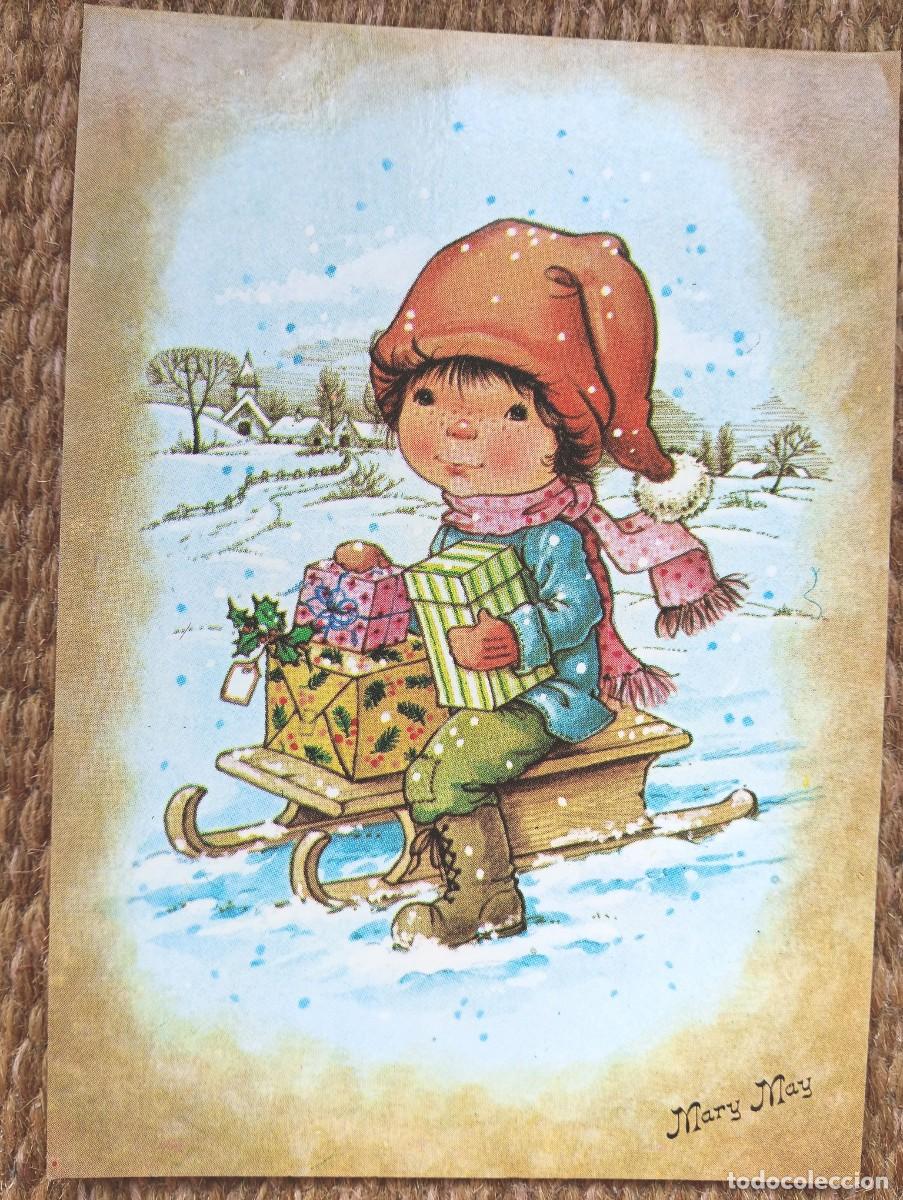 Postales: NI&Ntilde;A EN TRINEO - ILUSTRACION MARY MAY - ED. PERLA