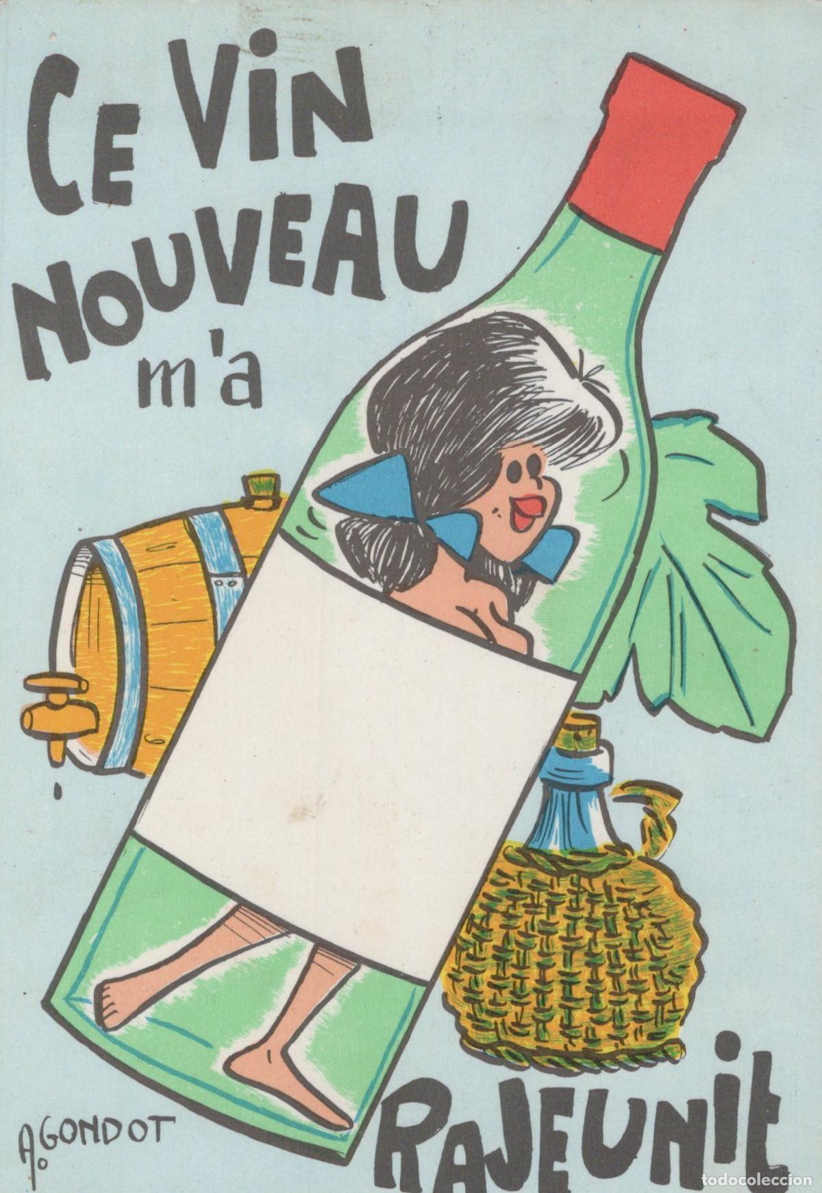 Postales: France Caricature Humour Publicit&eacute; Vin Nouveau Fille Bouteille Unposted *YAG093