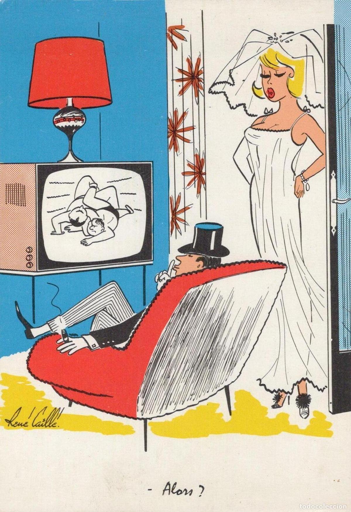 Postales: France Paris Humour Homme Regardant TV Femme en Robe de Mari&eacute;e Unposted *YAG097