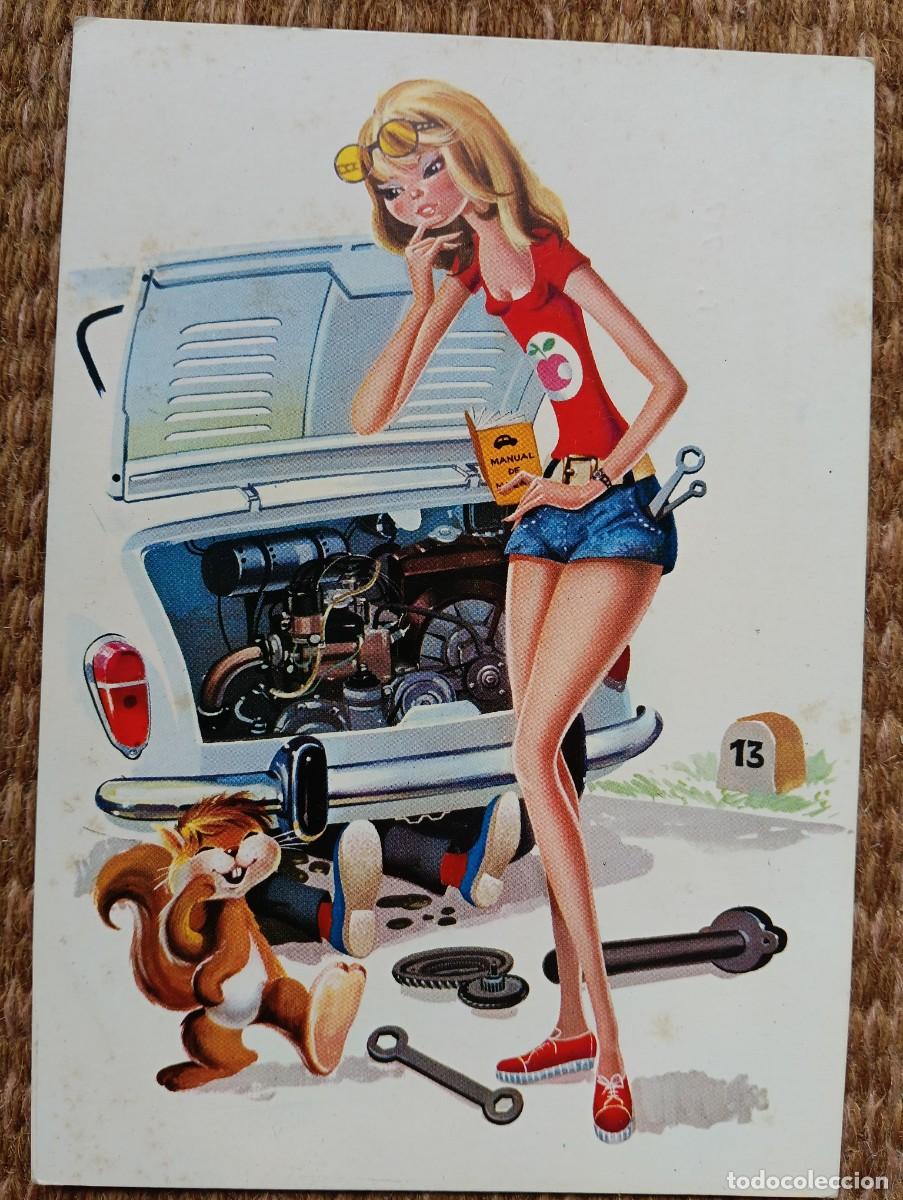 Postales: SE&Ntilde;ORITA JUNTO A SEAT 600 AVERIADO