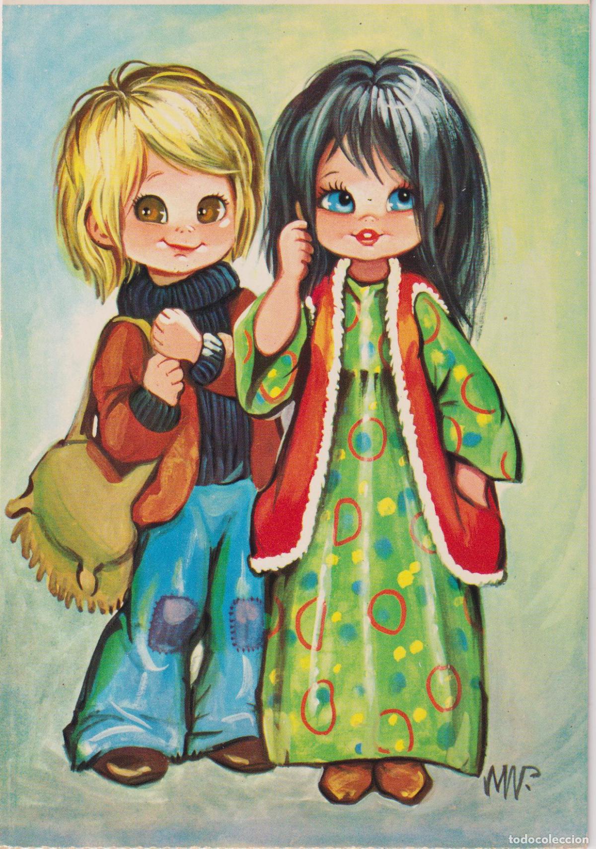 Postales: ILUSTRADOR: MW, PILLUELOS, DOS NI&Ntilde;OS DE EST&Eacute;TICA HIPPIE - BERGAS &ndash; S/C