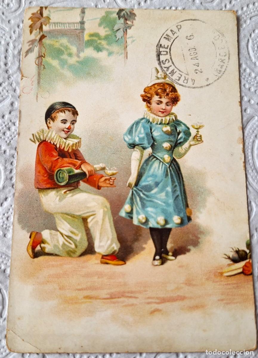 Postales: POSTAL EN COLOR MUY ANTIGUA MANUSCRITA EN 1906 - NI&Ntilde;OS BRINDANDO CON CAVA