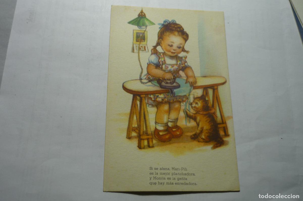 Postales: postal dibujo ni&ntilde;a planchando escrita