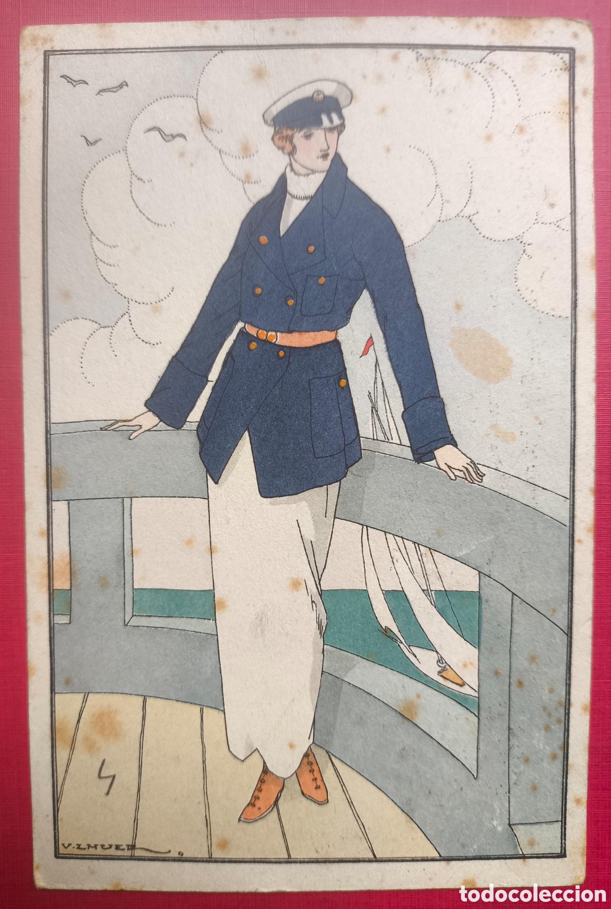 Postales: POSTAL BELLE EPOQUE COSTUME DE YACHT ILUSTRADOR VICTOR LHUER POSTAL CARTE POCHOIR CIRCULADA 1915