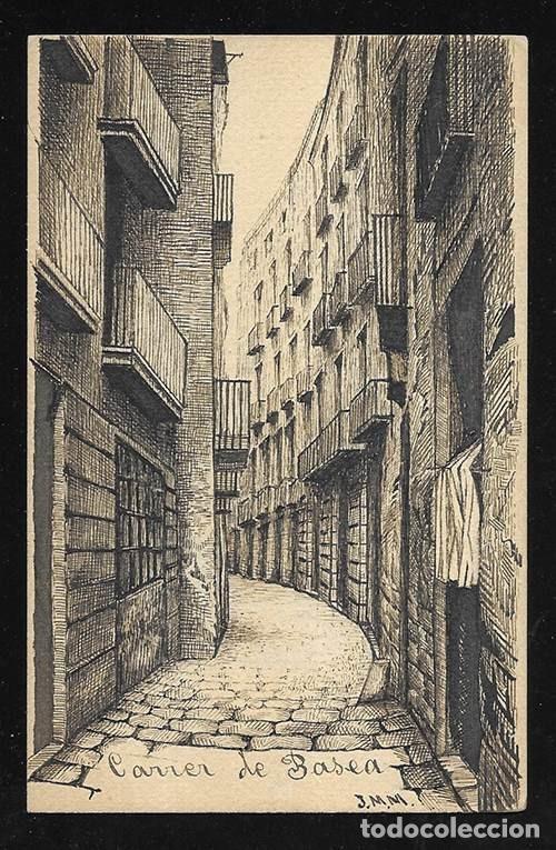 Postales: Postal. Dibuix a ploma Carrer de Basea- . Morales i Mas, Joan.(col&middot;lectiu hist&ograve;ric de dibuixants)