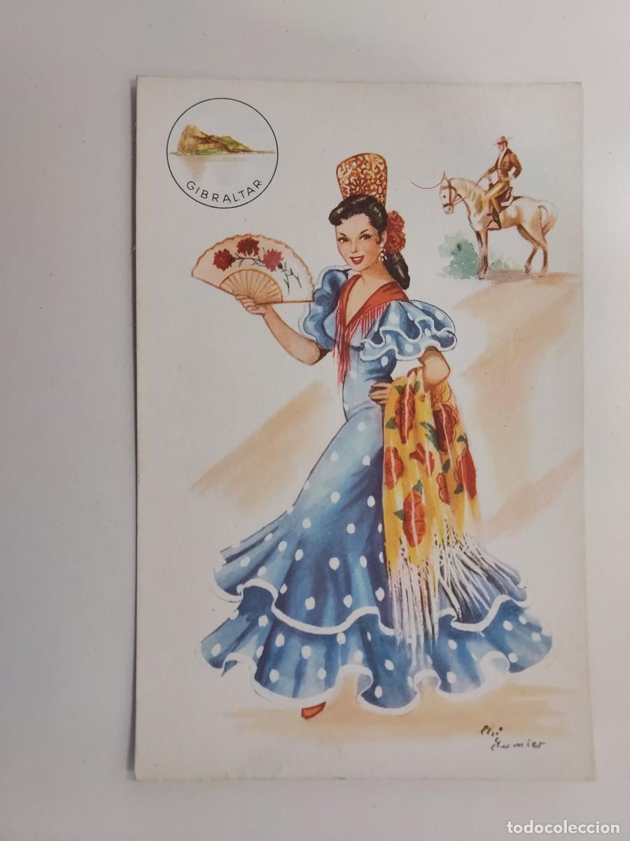 Postales: POSTAL ILUSTRADOR ELSI GUMIER. TRAJE REGIONAL GIBRALTAR SEVILLANA ANDALUCIA. TRASERA EN BLANCO
