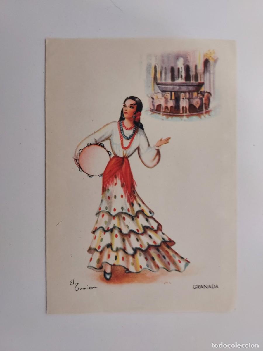 Postales: DIPTICO TIPO POSTAL 13X9 CM. ILUSTRADOR ELSY GUMIER. GRANADA TRAJE REGIONAL GITANA. EDICIONES F. M.