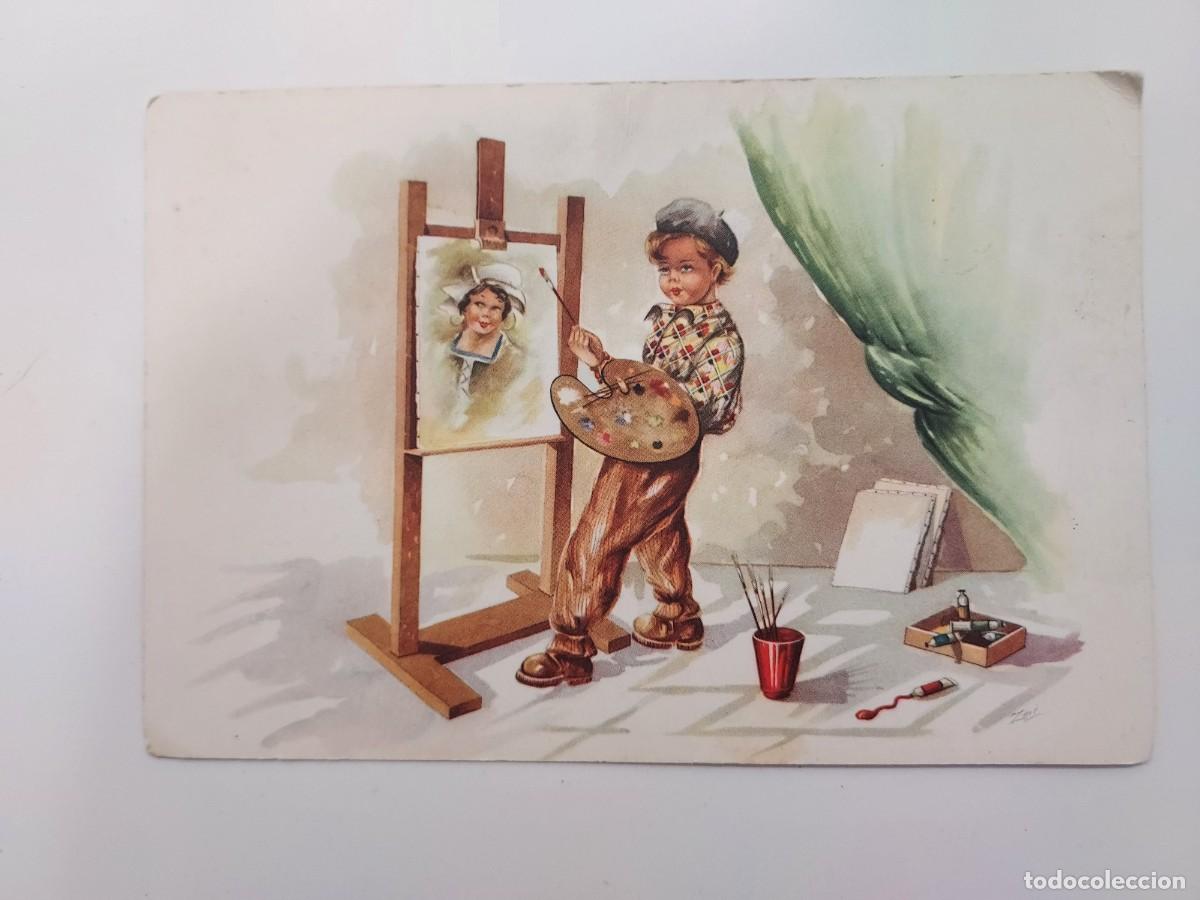 Postales: POSTAL ILUSTRADA. JOVEN PINTOR CON BOINA. ESCRITA. A&Ntilde;OS 1950