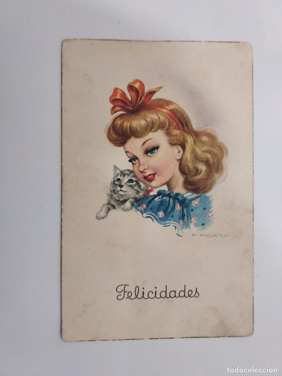 Postales: POSTAL ILUSTRADOR FREIXAS. CHICA GATO FELICIDADES. ESCRITA. A&Ntilde;OS 1950. CYZ