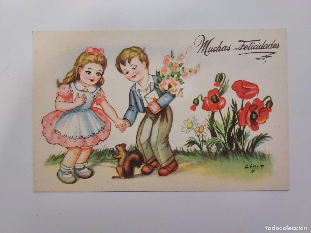 Postales: POSTAL ILUSTRADA ZSOLT. PAREJA NI&Ntilde;OS MUCHAS FELICIDADES. S/C. CMB 104. A&Ntilde;OS 1940 1950