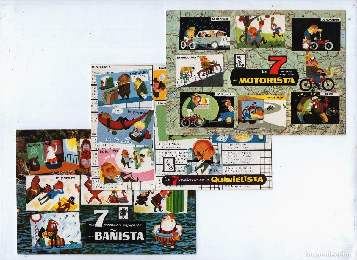 Postales: Lote de 3 postales LOS 7 PECADOS CAPITALES (ba&ntilde;ista,quinielista, motorista) -Escudo de Oro-