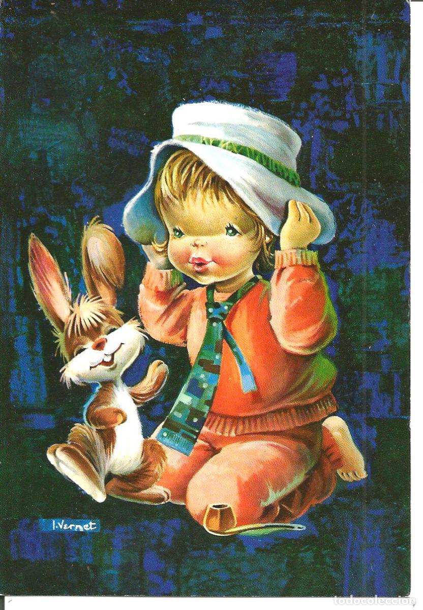 Postais: POSTAL NI&Ntilde;A CON SOMBRERO Y CONEJITO - EDIC. CYZ 6617 - ILUSTRA VERNET - ESCRITA 1966