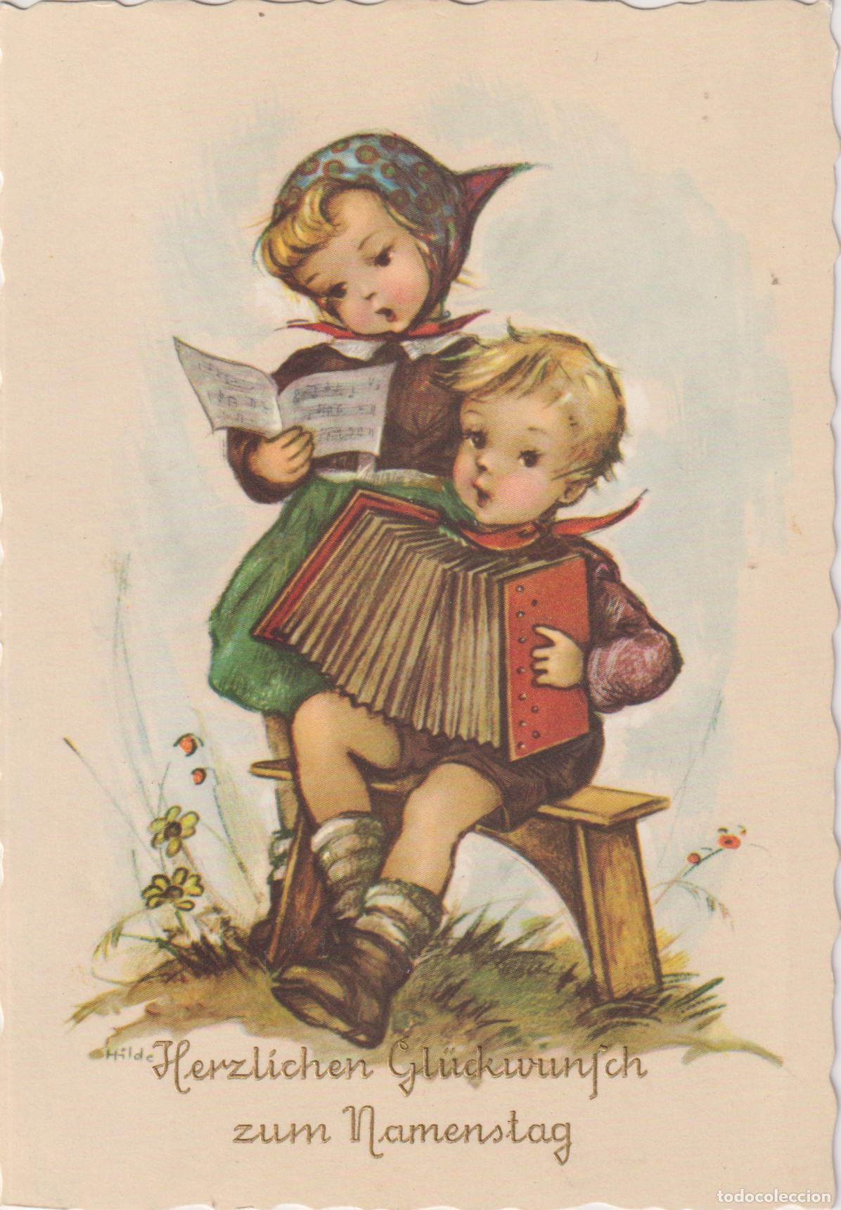 Postkarten: ILUSTRADOR: HILDE, TOCANDO EL ACORDEON Y CANTANDO - &laquo;FELIZ D&Iacute;A DE TU SANTO&raquo; - AFKH &ndash; ESCRITA 1961