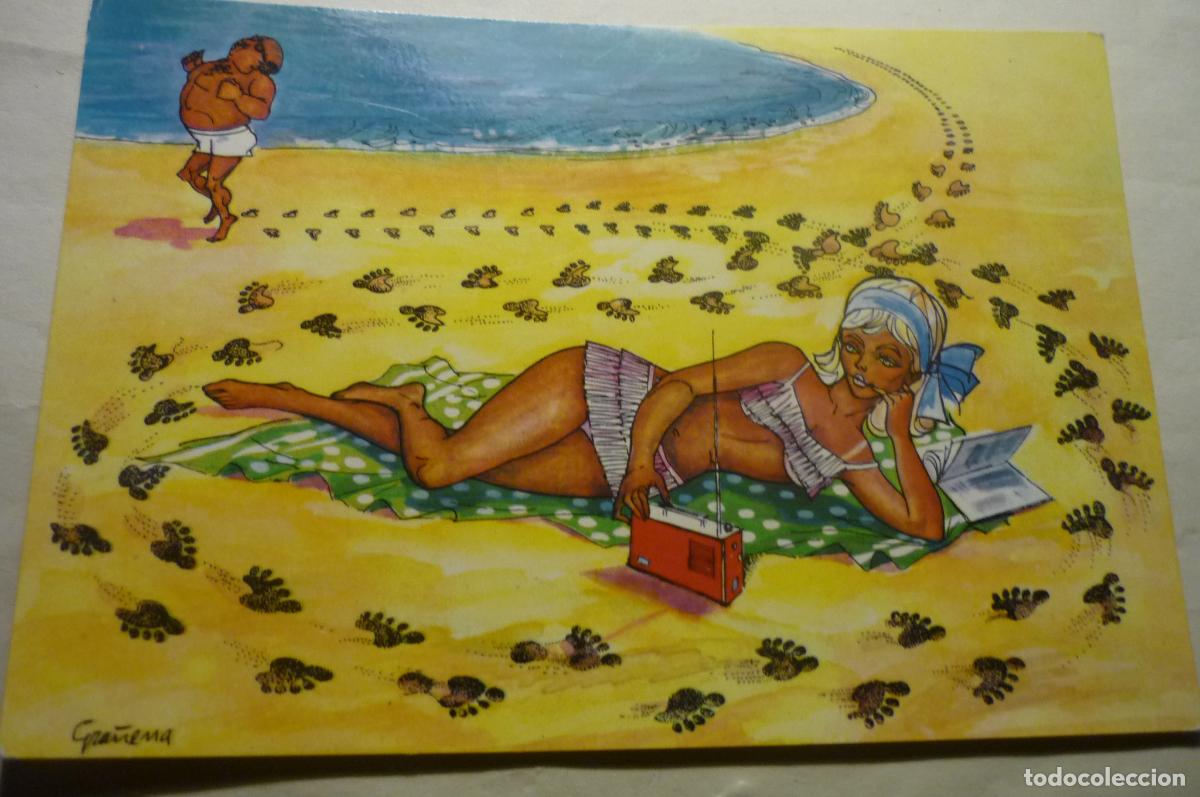 Postcards: postal humor dibujo gra&ntilde;ena playa spanistyp