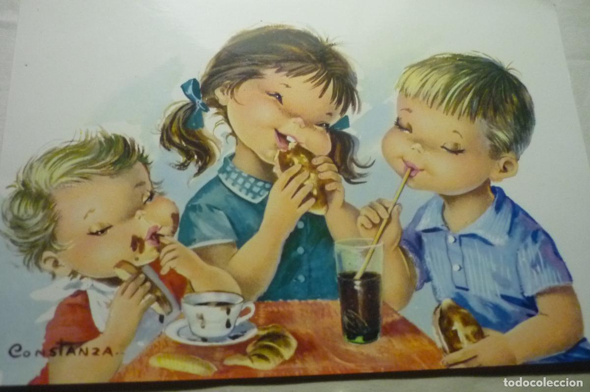 Postcards: postal dibujo constanza ni&ntilde;os desayuno escrita