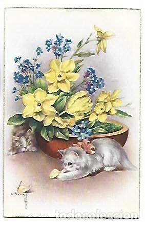 Postales: PAREJA DE GATOS BAJO LAS FLORES