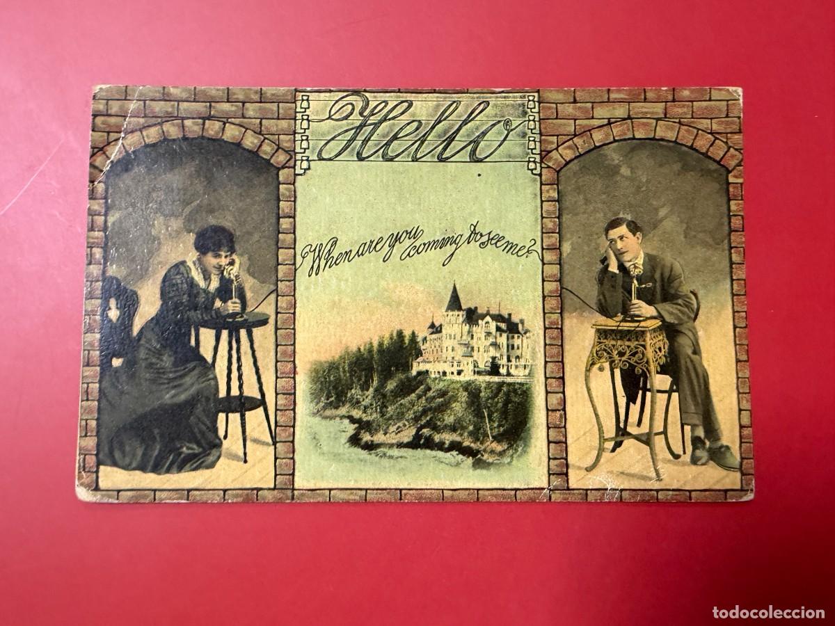 Postales: POSTAL ILUSTRADA ANTIGUA - HELLO - PAREJA HABLANDO POR TEL&Eacute;FONO - 1911