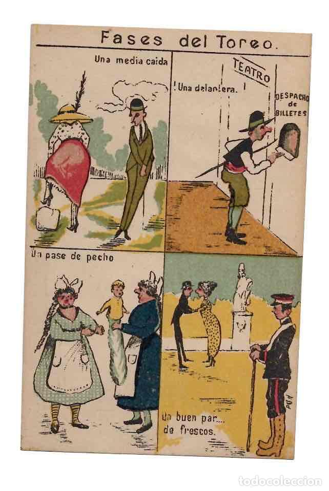 Postales: TARJETA POSTAL FASES DEL TOREO. ILUSTRADA POR PUN. PUBLICIDAD MEDIAS SEDA, SAN JOAQUIN 12 MADRID