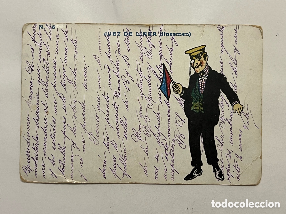 Postales: JUEZ DE L&Iacute;NEA (LINESMEN) Postal Dibujos y caricaturas. Circulada de Masnou a Barcelona (a.1909)