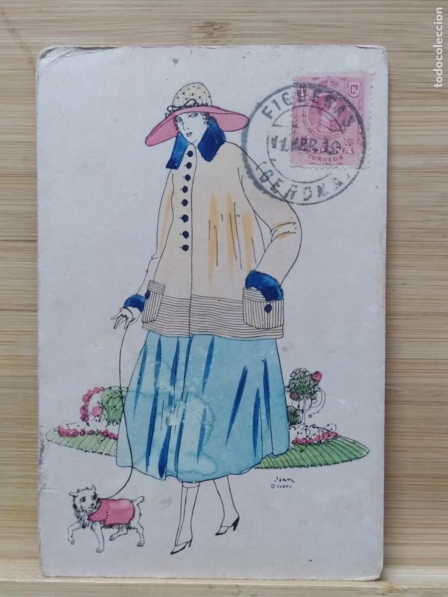 Postales: JOAN D'IVORI - LA MUJER DEL PERRO - CIRCULADA EN FIGUERAS - POSTAL ANTIGUA -(117.061)