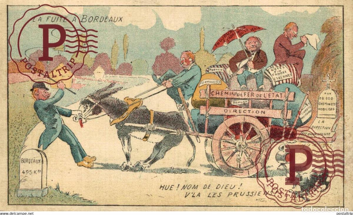 Postais: ILLUSTRATION SATIRIQUE POLITIQUE LA FUITE A BORDEAUX