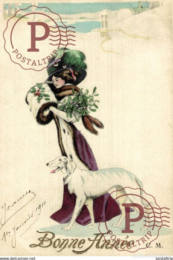 Cartes Postales: XAVIER SAGER BONNE ANNEE CHIEN FEMME CHAPEAU CHAPEAUX MODE ILLUSTRATOR ILLUSTRATEUR