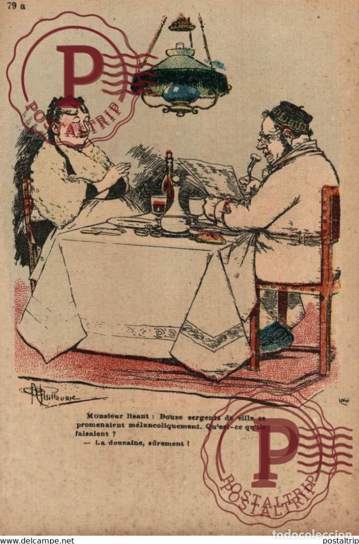 Postales: Illustrateur Albert Guillaume: Monsieur lisant: Douze sergents de ville se promenant m&eacute;lancoliq ILLU