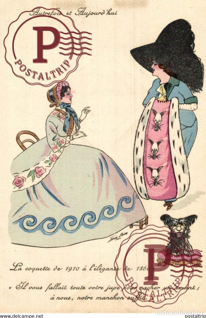 Postkarten: SAGER Xavier, illustrateur femme chien chapeau mode autrefois et aujourdhui