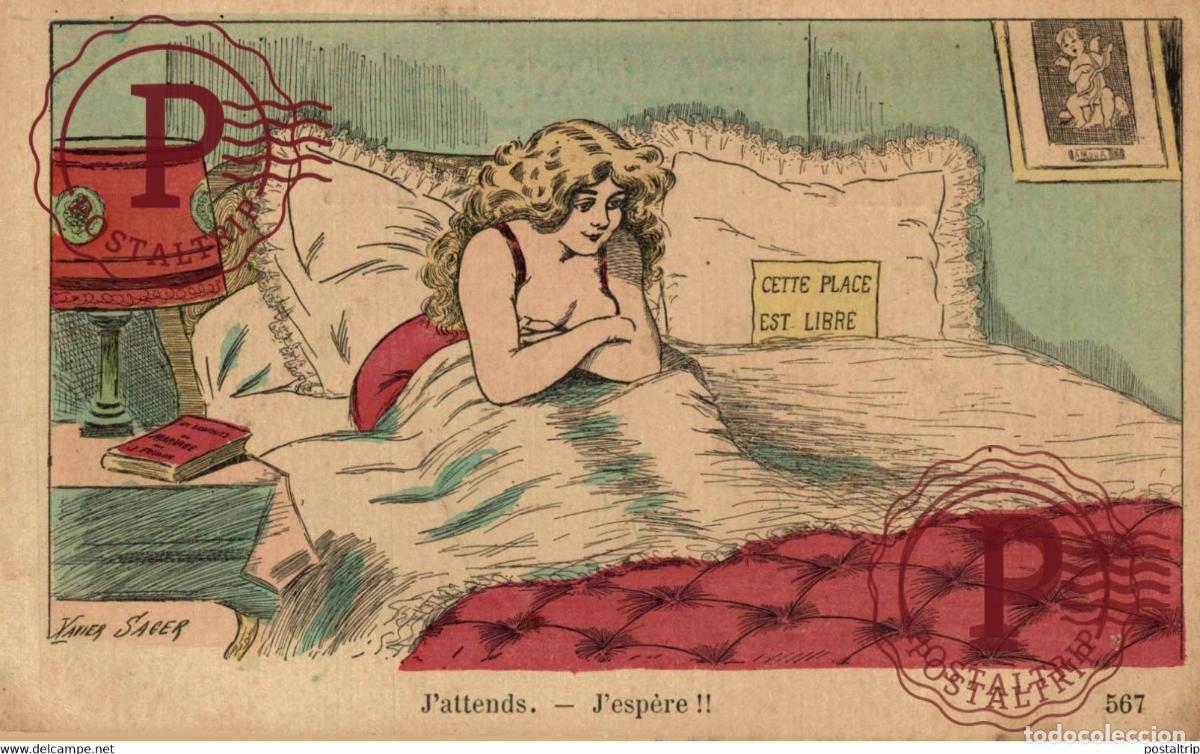 Postkarten: SAGER Xavier, illustrateur femme au lit jattends jesp&egrave;re !! n567