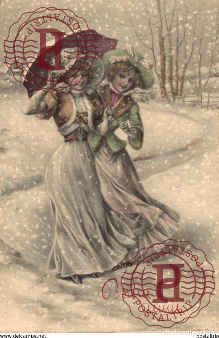 Postkarten: VIENNOISE Bonne Ann&eacute;e - Dessin de jeunes femmes jouant aux boules de neige - ASV S&eacute;rie 345