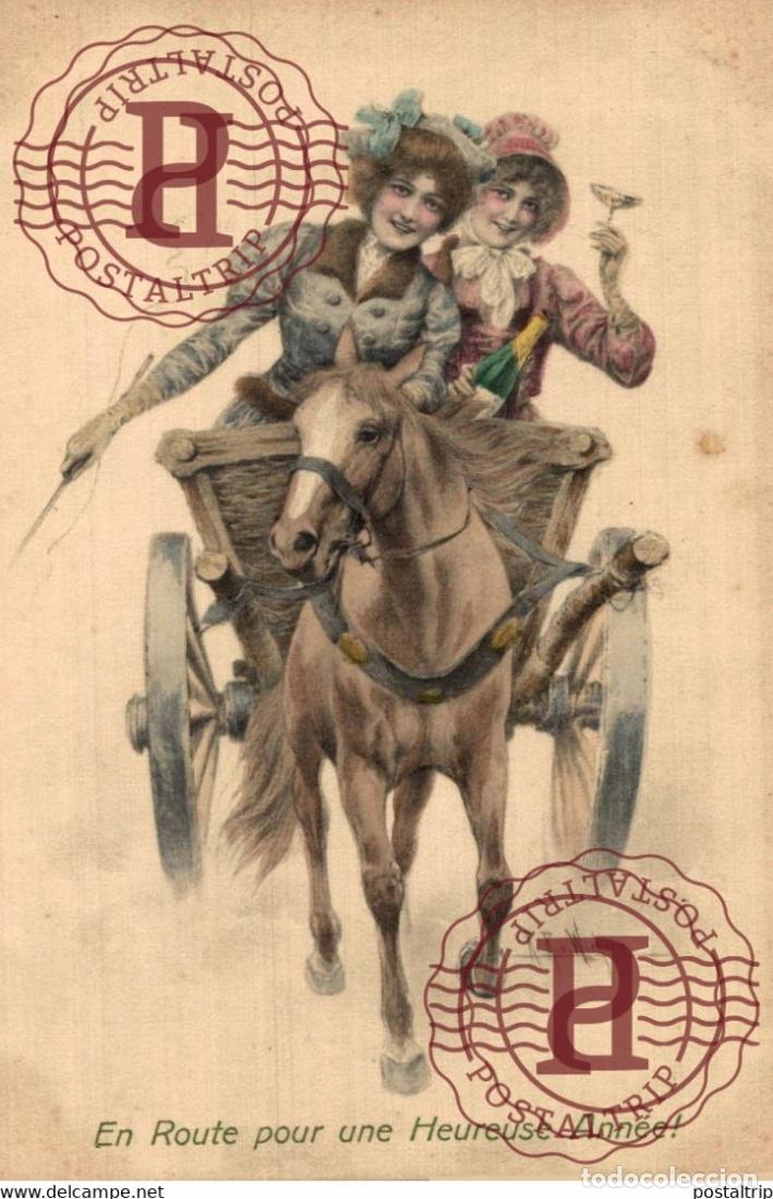 Postkarten: En route pour une heureuse ann&eacute;e, 2 jolies femmes dans leur carriole, sign&eacute;e Wichera VIENNOISE