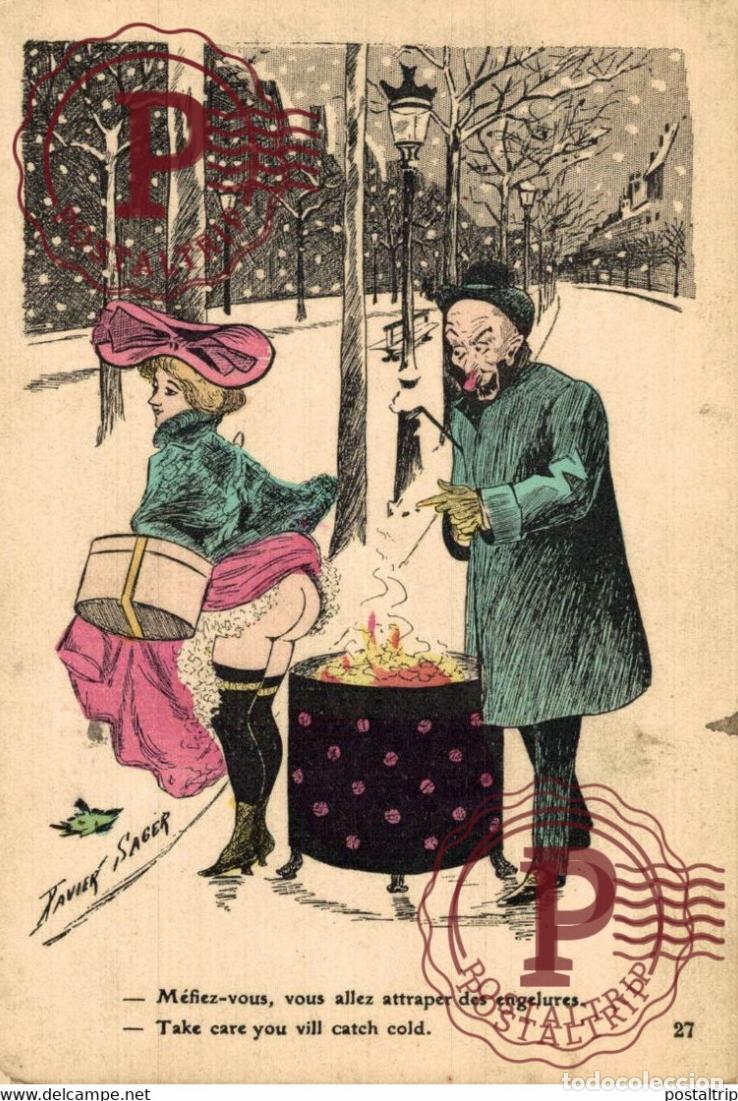 Cartoline: illustrateur SAGER XAVIER M&eacute;fiez-vous, vous allez attraper des engelures NUS NU EROTISME