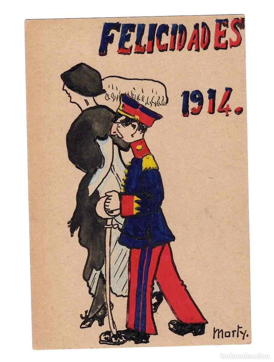 Postales: TARJETA POSTAL FELICITACION 1914. ILUSTRADA A MANO FIRMADA MORTY