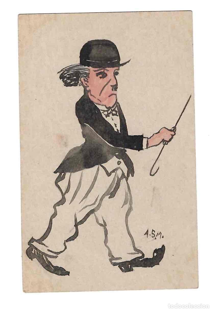 Postales: TARJETA POSTAL CON VI&Ntilde;ETA COMICA CHARLOT ACUARELADA. FIRMADAA. STA. MARIA. C.1915