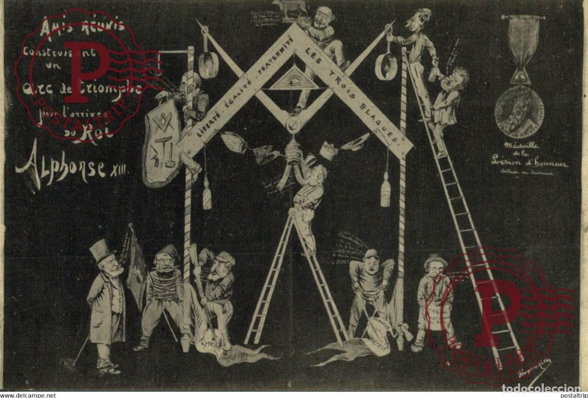 Postales: ILLUSTRATEUR NEMO. AMIS REUNIS CONSTRUISANT UN ARC DE TRIOMPHE JOUR LARRIVEE DU ROI ALPHONSE XIII
