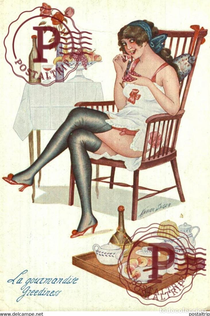 Postales: ILLUSTRATEUR XAVIER SAGER. LA GOURMANDISE GREEDINESS. PECHES MIGNONS. SERI 31. 156.