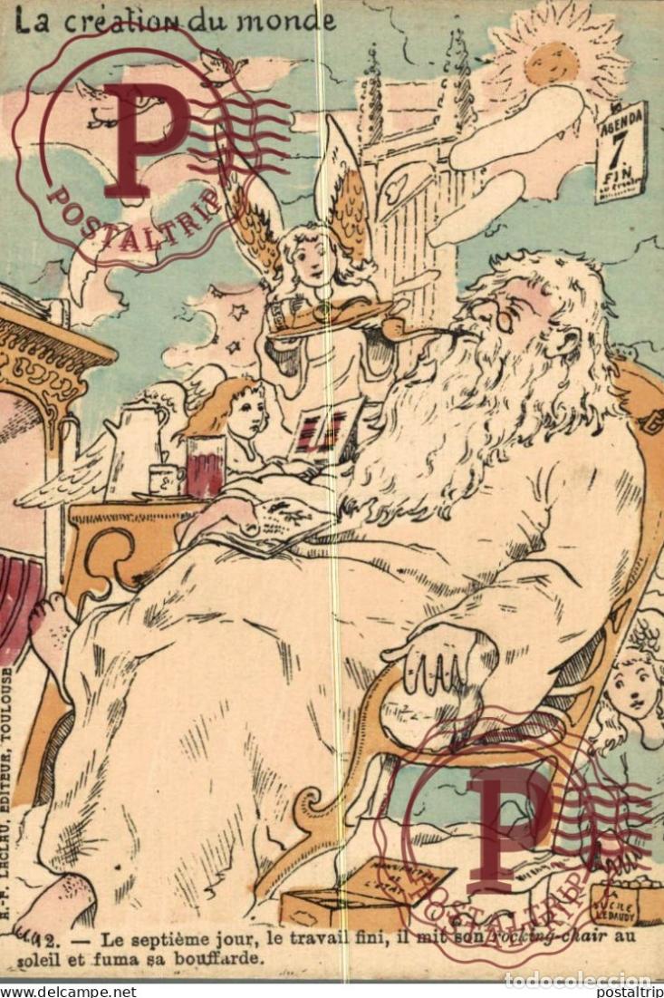 Postales: ILUSTRADA. ILLUSTRATEUR. La creation du monde - 12- rocking chair - Dieu fume sa bouffarde pipe