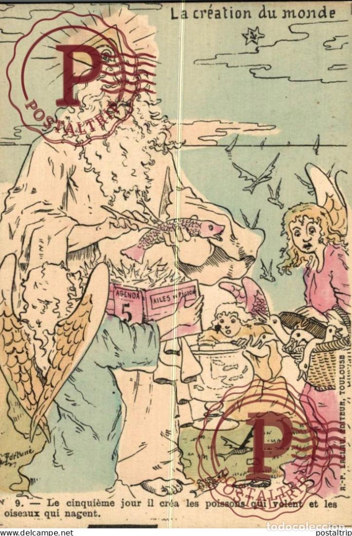 Postales: ILUSTRADA. ILLUSTRATEUR. La creation du monde. 9 Le cinquieme jour il crea les poissons qui volent e