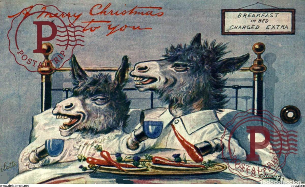 Postales: ILLUSTRATEUR ELLAM - ANTROPOMORFICO BURROS. Anes humanis&eacute;s - A MERRY CHRISTMAS - BREAKFAST IN BED CH