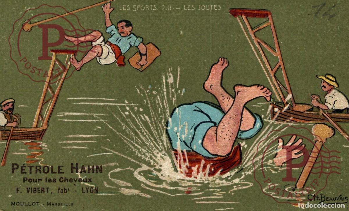 Postais: ILUSTRADA. ILLUSTRATEUR. Beauvais. Les Sports VIII: Les JOUTES: Publicit&eacute; P&eacute;trole Hahn. PUBLI.