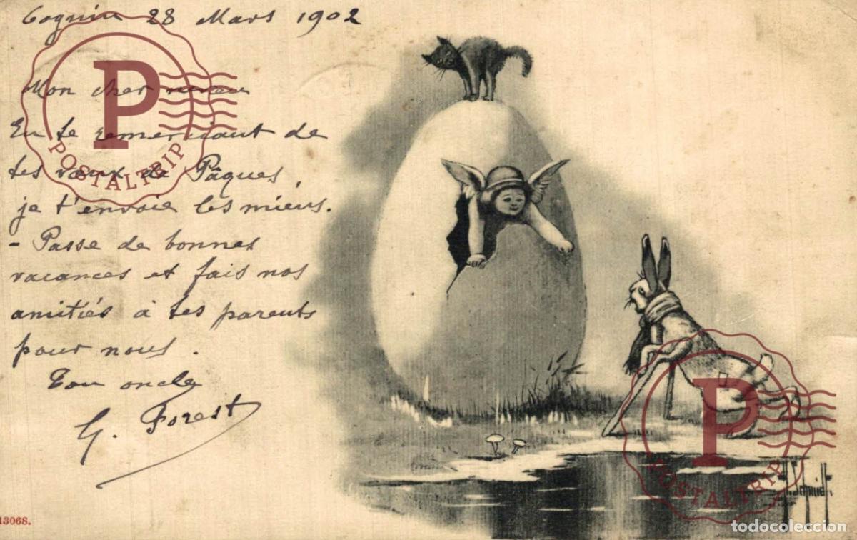 Postais: JOYEUSES PAQUES - LUTIN - LAPIN - CHAT - PAR H. SCHMIDT