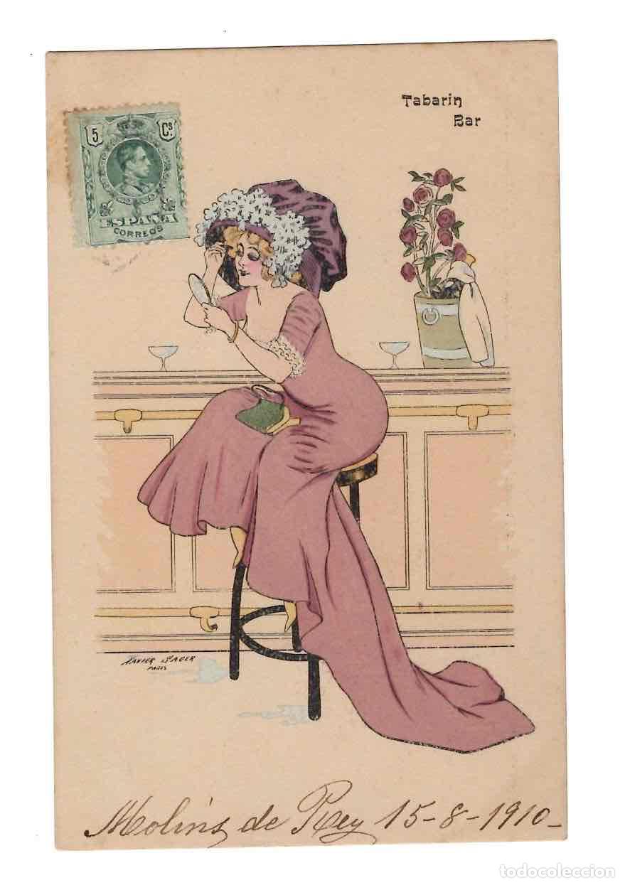 Postales: TARJETA POSTAL MODA ILUSTRADA A MANO POR XAVIER SAGER. TABARIN BAR. CIRCULADA A MOLINS DE REY