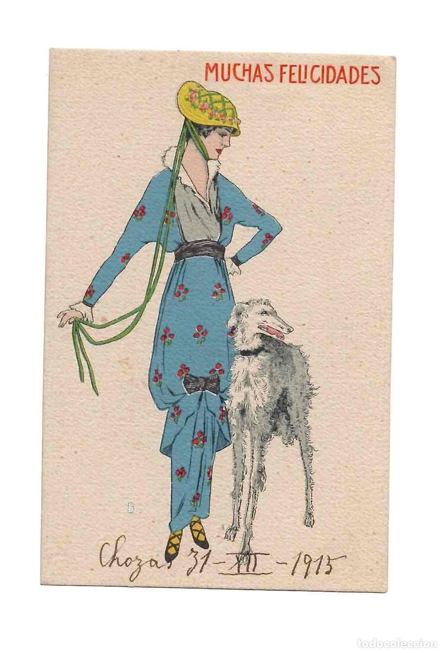 Postales: TARJETA POSTAL MUCHAS FELICIDADES. ESCENA DE MODA. ILUSTRADA POR B. A&Ntilde;O 1915, CIRCULADA A MADRID