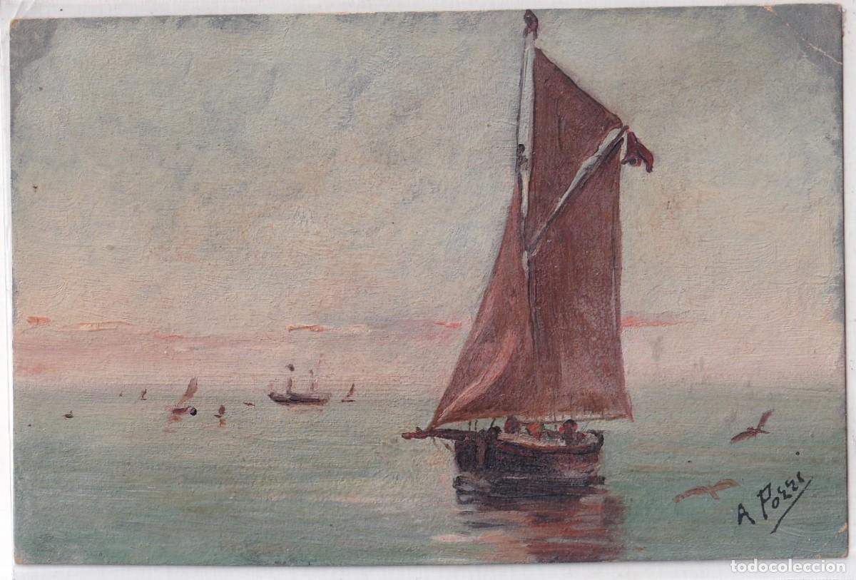 Postales: Postal pintada original. Velero, barco, marina. A Pozzi. Reverso sin dividir.